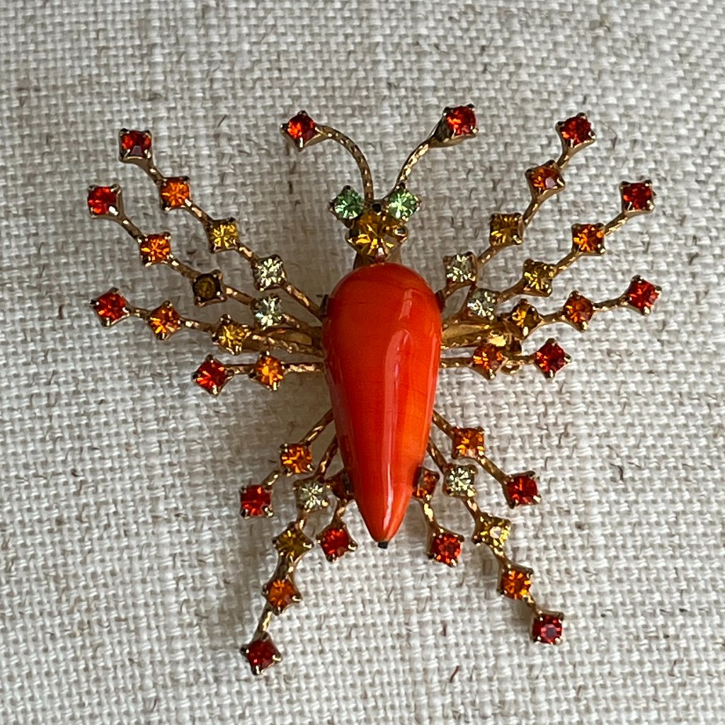 Warner Orange, White, Yellow, Green Rhinestone Butterfly Vintage Brooch, Signed